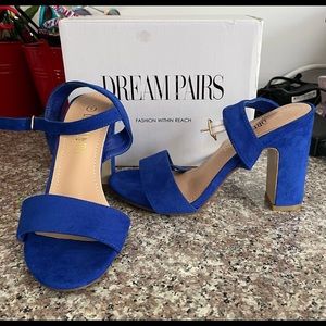 Royal Blue suede block heels.
